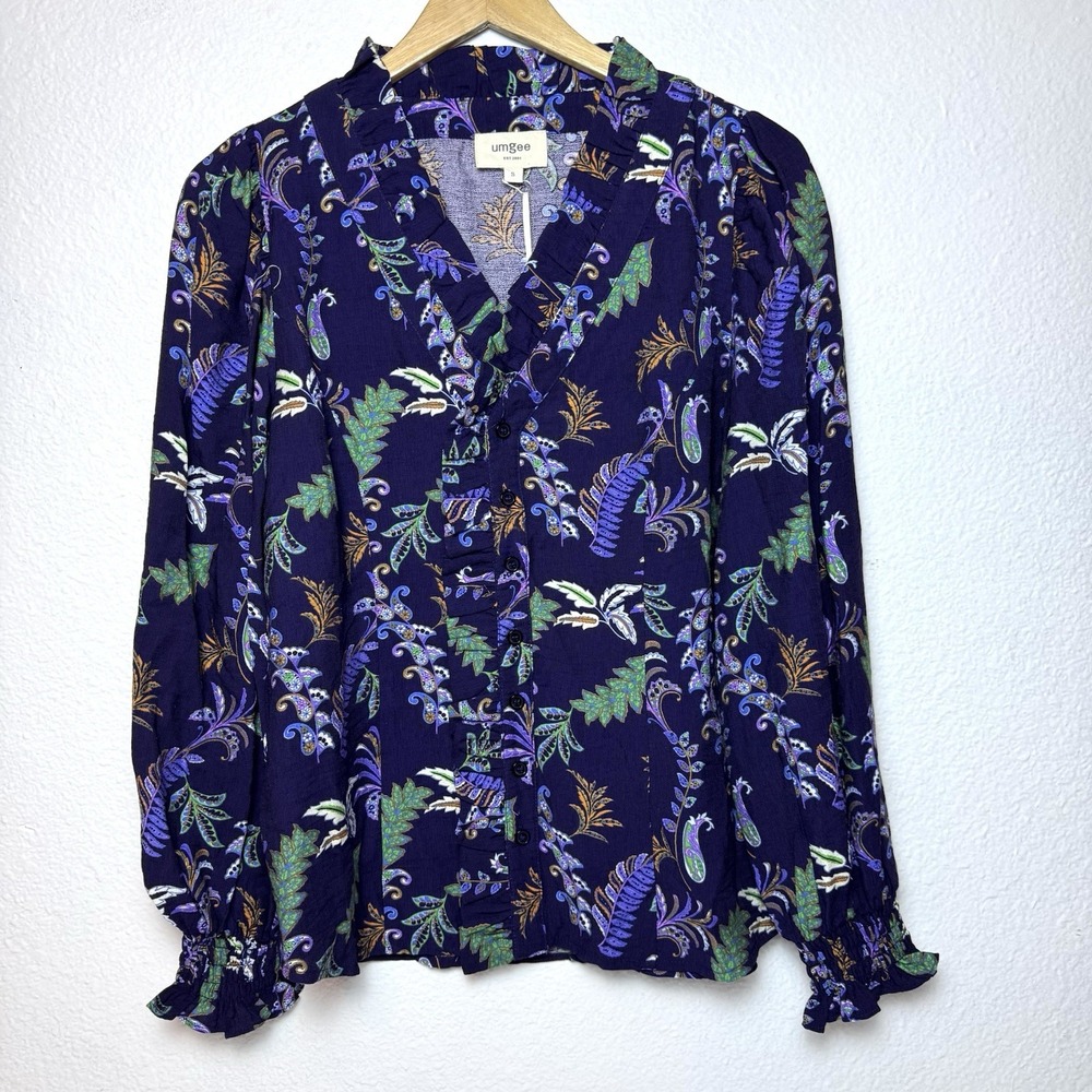 New Umgee Blue Ruffle Button Up Top Women's Small Floral Blouse Rayon Shirt Boho